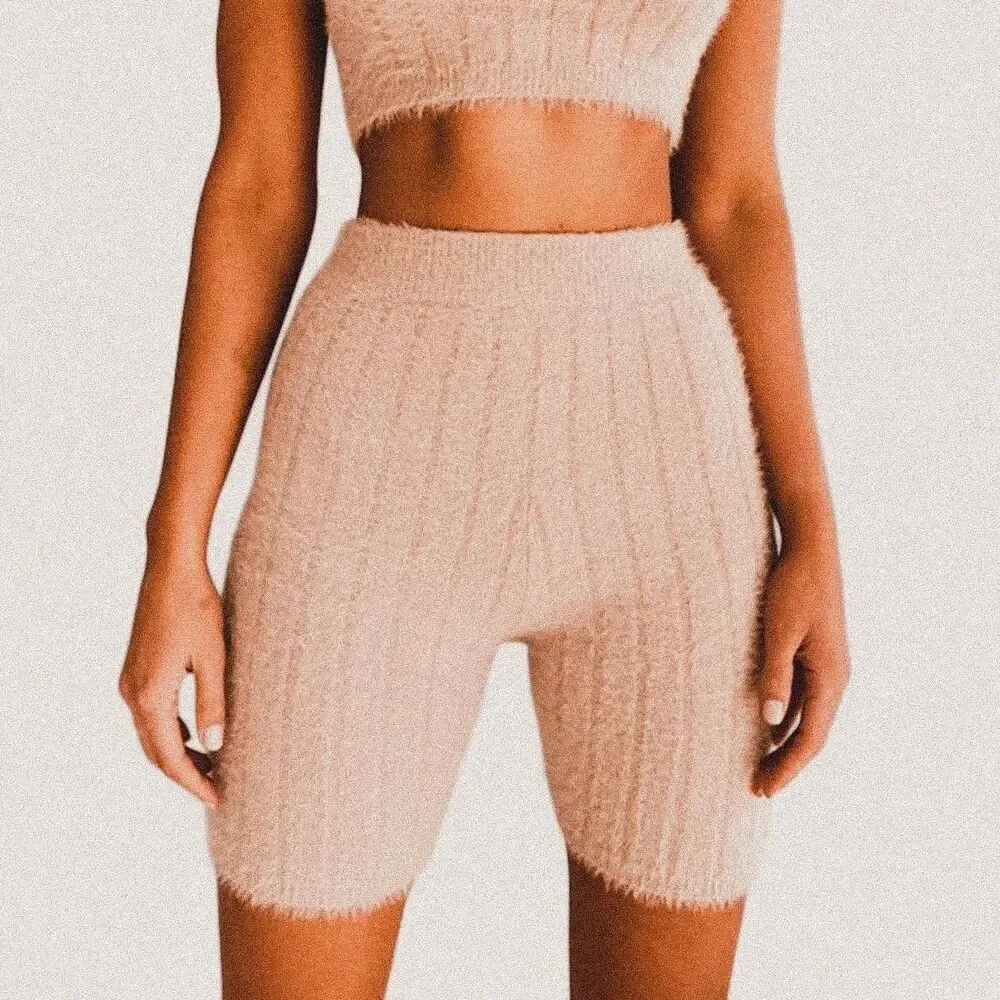 Meshki Ella Fluffy Stripe Bike Shorts | Cream Cozy Chic / Y2K Athleisure XL NWT - Picture 1 of 6